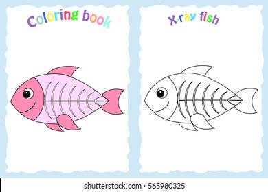 Coloring book page for preschool children with colorful x-ray fish and sketch to color