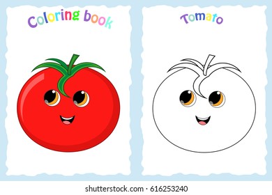 Coloring book page for preschool children with colorful tomato and sketch to color