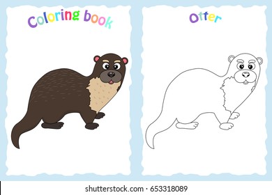 Coloring book page for preschool children with colorful otter and sketch to color