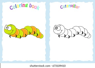 Coloring book page for preschool children with colorful caterpillar and sketch to color