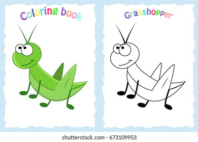 Coloring book page for preschool children with colorful grasshopper and sketch to color