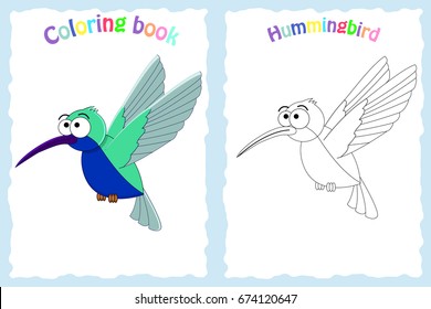 Coloring book page for preschool children with colorful  hummingbird and sketch to color.  Exotic  bird