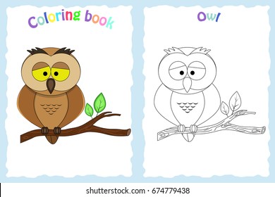 Coloring book page for preschool children with colorful owl and sketch to color