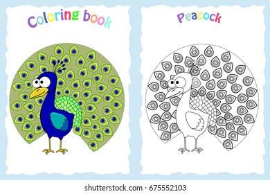 Coloring book page for preschool children with colorful peacock and sketch to color