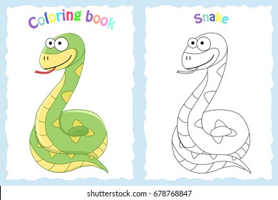 Coloring book page for preschool children with colorful snake and sketch to color