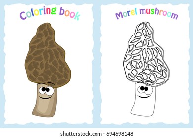 Coloring book page for preschool children with colorful morel  mushroom and sketch to color