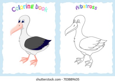 Coloring book page for preschool children with colorful albatross and sketch to color