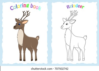 Coloring book page for preschool children with colorful reindeer  and sketch to color. Arctic  animal.
