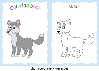 Coloring book page for preschool children with colorful wolf  and sketch to color