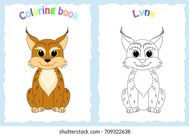 Coloring book page for preschool children with colorful lynx and sketch to color. North animals