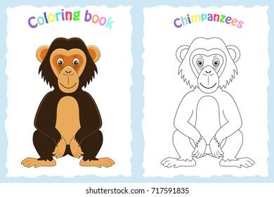 Coloring book page for preschool children with colorful chimpanzees monkey and sketch to color