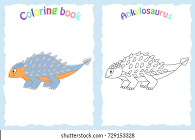 Coloring book page for preschool children with colorful ankylosaurus and sketch to color