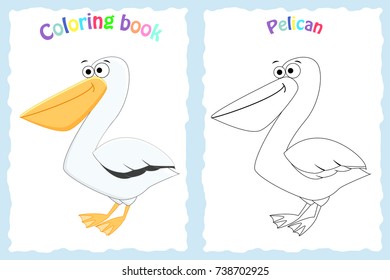 Coloring book page for preschool children with colorful  pelican and sketch to color