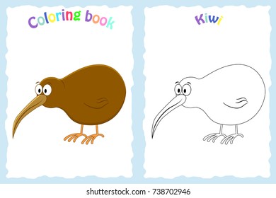 Coloring book page for preschool children with colorful kiwi bird and sketch to color