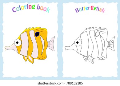 Coloring book page for preschool children with colorful butterflyfish  and sketch to color