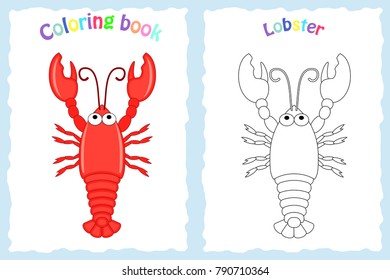 Coloring book page for preschool children with colorful lobster and sketch to color