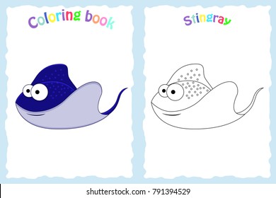 Coloring book page for preschool children with colorful stingray and sketch to color