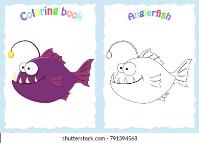 Coloring book page for preschool children with colorful anglerfish and sketch to color