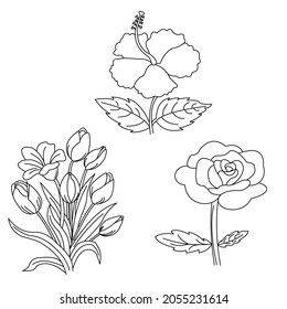Coloring book page for preschoolers with flowers outline. Vector illustration for children's education.