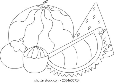 Coloring book page for preschoolers with mangoesteen,durian,watermelon, outline. Vector illustration for children's education.