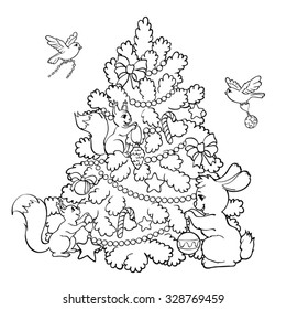 Coloring book or page. Rabbit, squirrels and birds decorate the Christmas Tree.