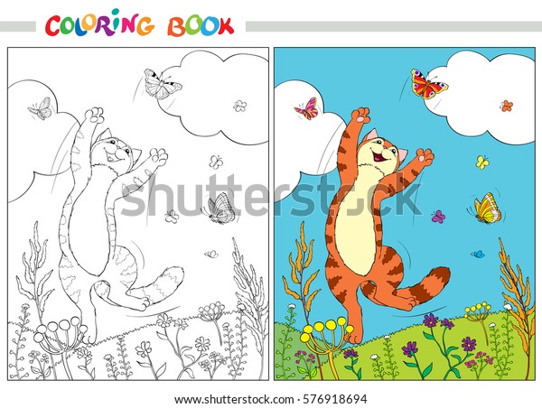 Coloring Book Page Red Cat Jumping Stock Vector (Royalty Free) 576918694