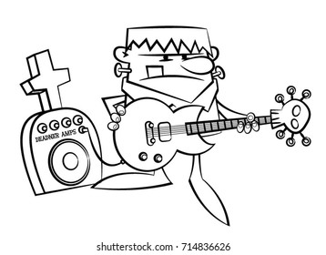 Coloring book page with a rocking guitar playing frankenstein monster vector illustration.