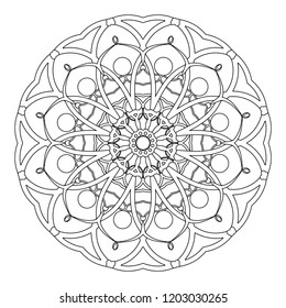 Coloring book page. Round ornament, ethnic decorative element, boho style. Islam, Arabic, Indian, ottoman motifs.Black and White Pattern.