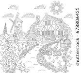 Coloring book page of rural landscape. Farm house, windmill, water well, mail box, rabbits, bird, grape vines. Freehand drawing for adult antistress colouring with doodle and zentangle elements.