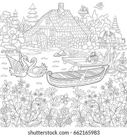 Coloring book page of rural landscape, flower meadow, lake, farm house, ducks, kitten, swans, horses, frog, storks. Freehand drawing for adult antistress colouring with doodle and zentangle elements.