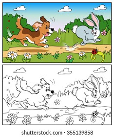 Coloring book or page. Scene - Dog in the meadow chasing a rabbit.