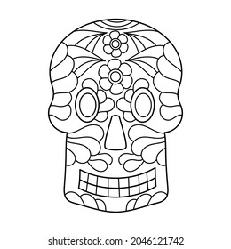 Coloring book page. Scull vector illustration. Day of the dead scull. Mexican Hand Drawn Scull. Black and white design.