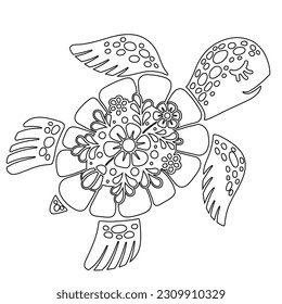 Coloring book page of a sea turtle. Black and white vector coloring for adult