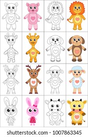 Coloring book page set. Animals collection. Sketch and color version. Coloring for kids. Childrens education. Vector illustration