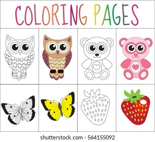 Coloring book page set. Animals collection. Sketch and color version. Coloring for kids. Childrens education. Vector illustration