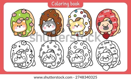 Coloring book page of set of cute cartoon dogs inside sweet donuts vector illustration. Kawaii puppy shiba inu, husky, corgi, and pug characters. Pet animal. Bakery. Color and black and white line art