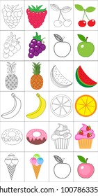 Coloring book, page set. Fruits collection. Sketch and color version. Coloring for kids. Childrens education. Vector illustration