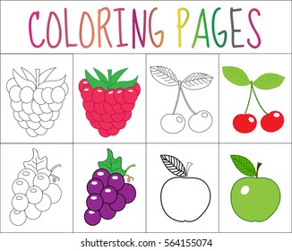 Coloring Book Page Set. Fruits Collection. Sketch And Color Version. Coloring For Kids. Childrens Education. Vector Illustration