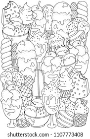 Coloring book page. Set of vector sketches: ice cream in wafer cone and bowl, frozen creamy desserts, eskimo in chocolate glaze, fruit ice.