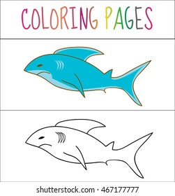 Coloring book page, shark. Sketch and color version.