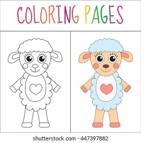 Coloring book page. Sheep. Sketch and color version. Coloring for kids. Vector illustration
