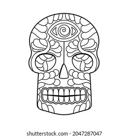 Coloring book page. Skull vector illustration. Mexican Day of the dead skull. Mexican Hand Drawn Black and white design.