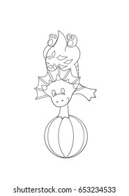 Coloring book  page - small circus dragon standing on the ball