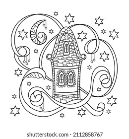 Coloring book page . Small fairy-tale house and the night sky. Vector illustration in linear style, isolated on white.