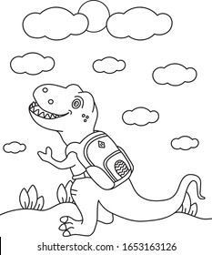 coloring book page of smiling dinosaurs with a backpack 