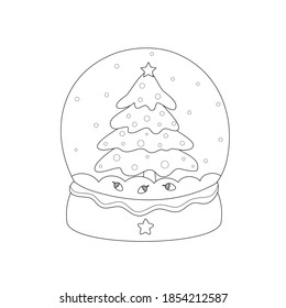 Coloring book page of snow globe with chirstmas tree. Handdrawn. Vector illustration.