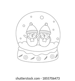 Coloring book page of snow globe with little snowman. Handdrawn. Vector illustration.