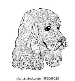 Coloring book page with spaniel head for adults. Ethnic decorative doodle dog. Vector illustration isolated on white.