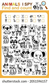 Coloring book page i spy. Count and color zoo animal. Printable worksheet for kindergarten and preschool