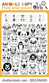 Coloring book page i spy. Count and color zoo animal. Printable worksheet for kindergarten and preschool